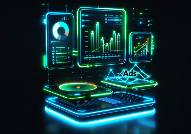 Digital advertising concept with neon glowing data visualization on various devices like a laptop, tablet, and smartphone, symbolizing the interconnectedness of ads and data.