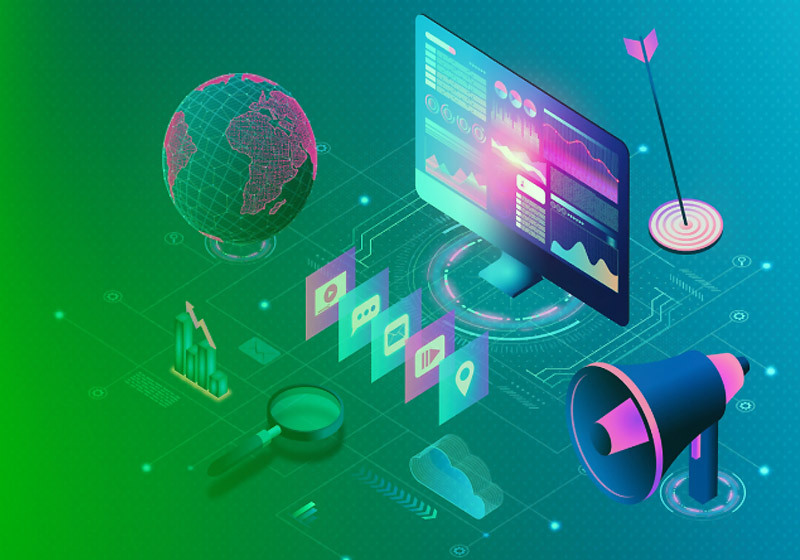 Abstract illustration showing programmatic advertising technology with digital dashboards, data visuals, targeting icons, and a megaphone.