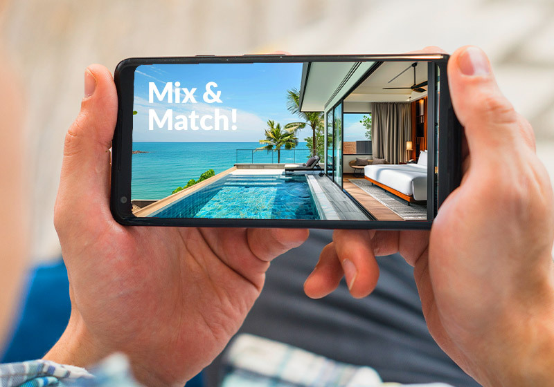 Smartphone displaying an interactive travel-style visual with a split view of a luxury seaside villa and interior space.