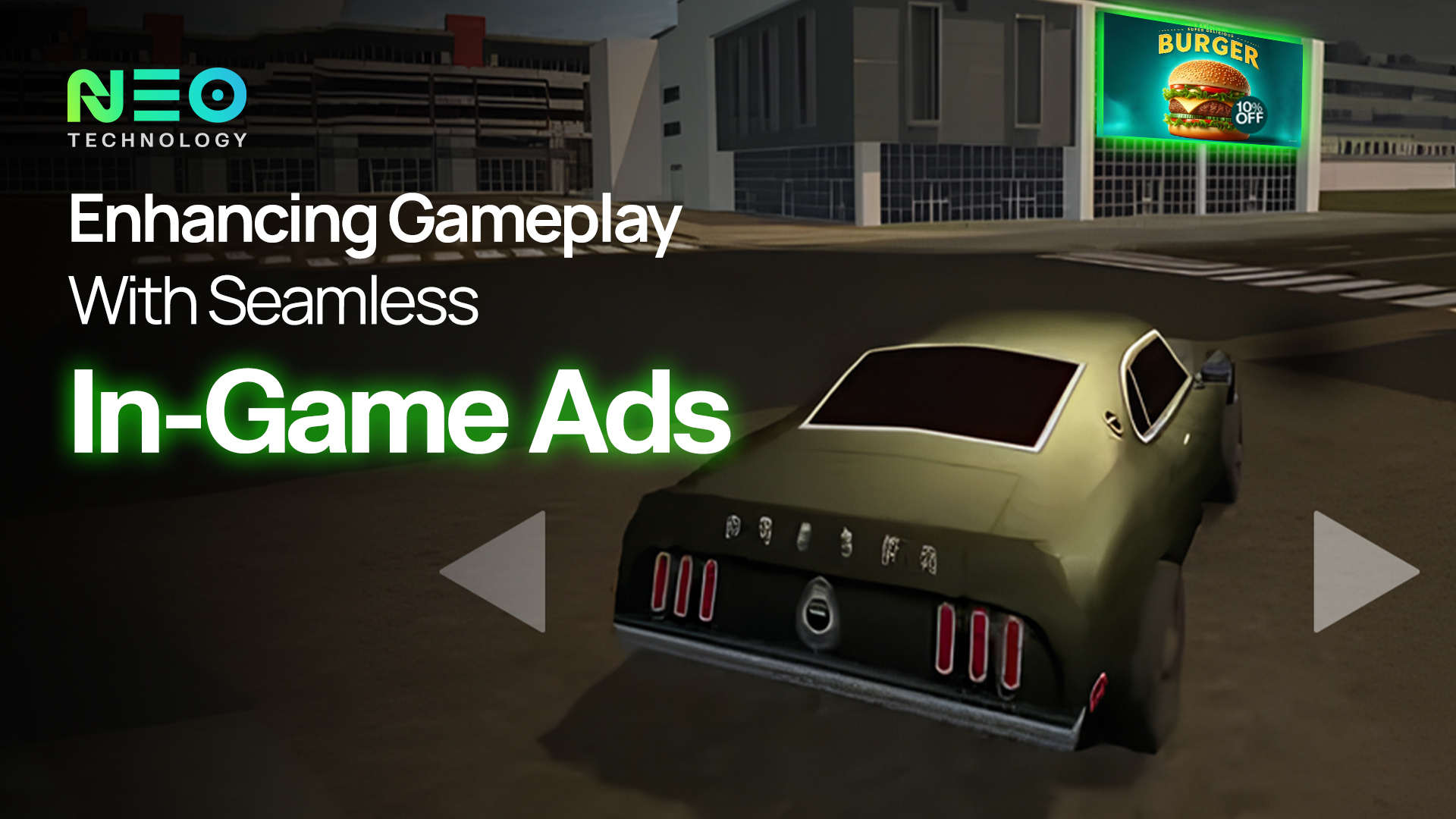 Car driving through an urban game environment with a digital billboard displaying a burger advertisement integrated into the scene.