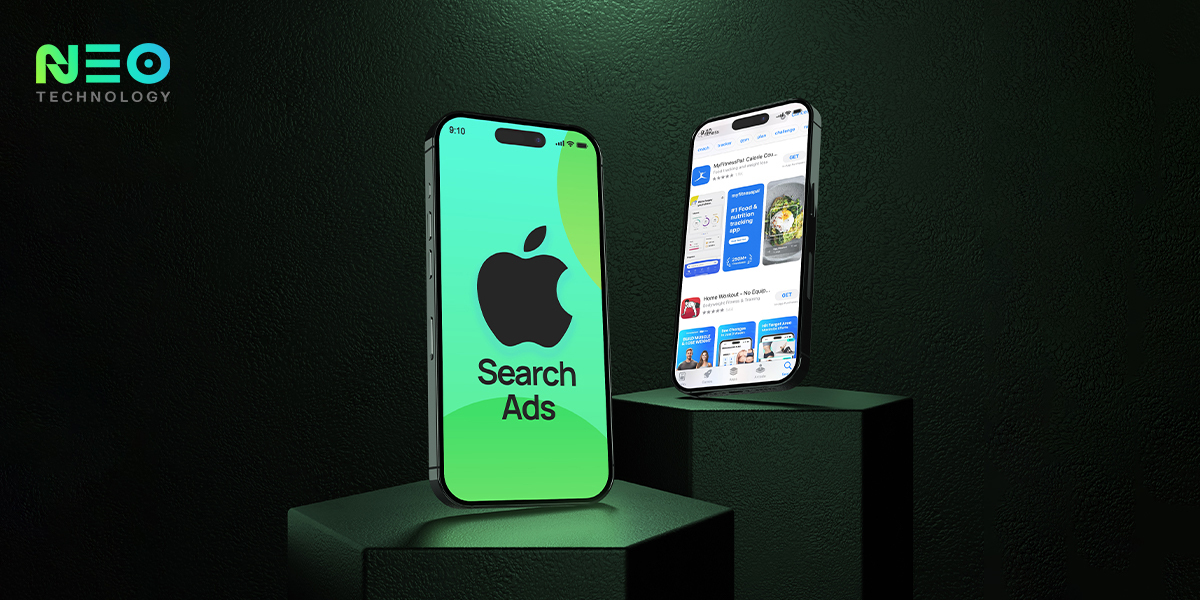 Case study cover image showing Apple Search Ads performance, with two smartphones displaying App Store search results and ad placements branded by NEO Technology.