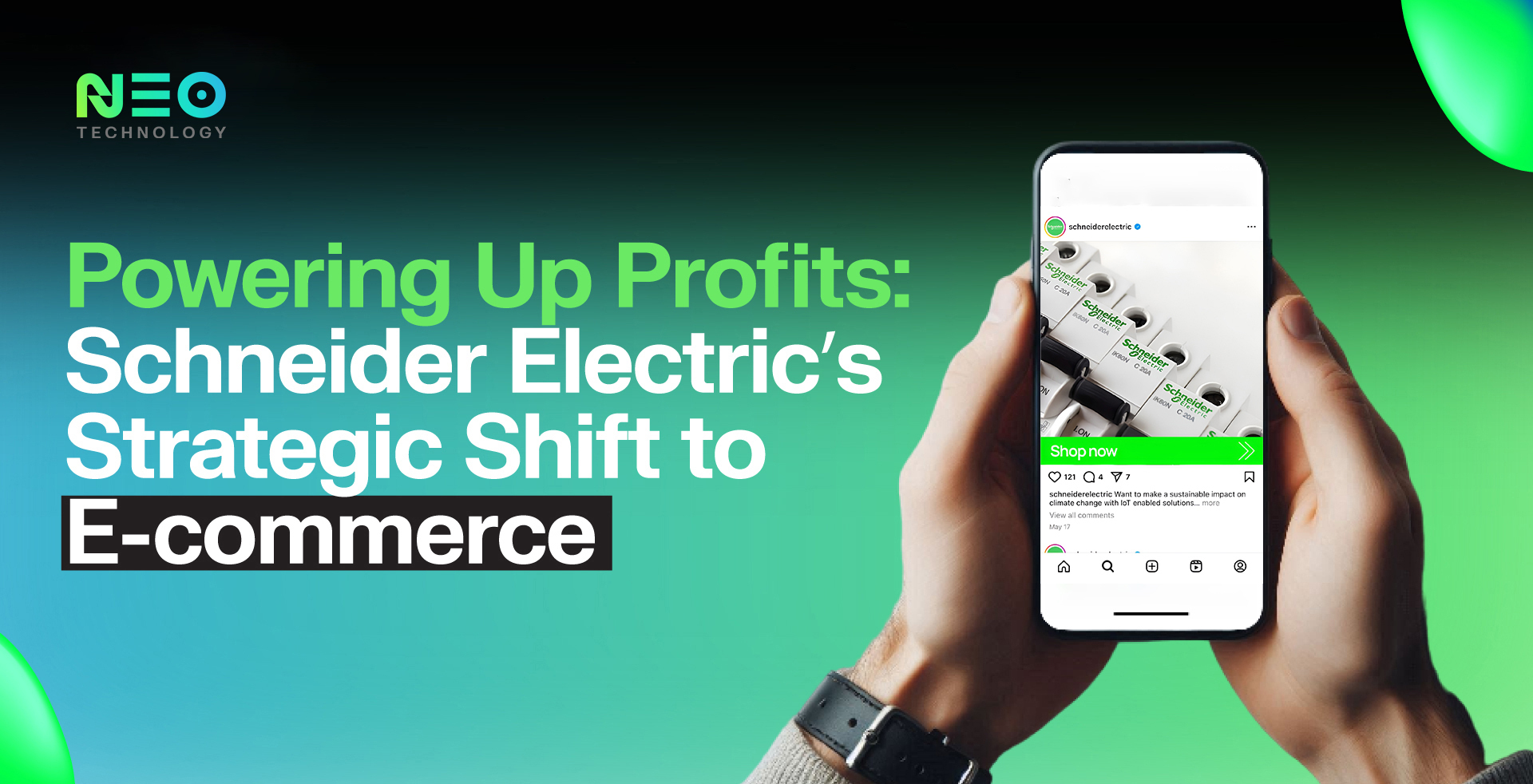Hands holding a smartphone displaying a Schneider Electric product ad, illustrating a branded e-commerce experience promoted through mobile digital channels.