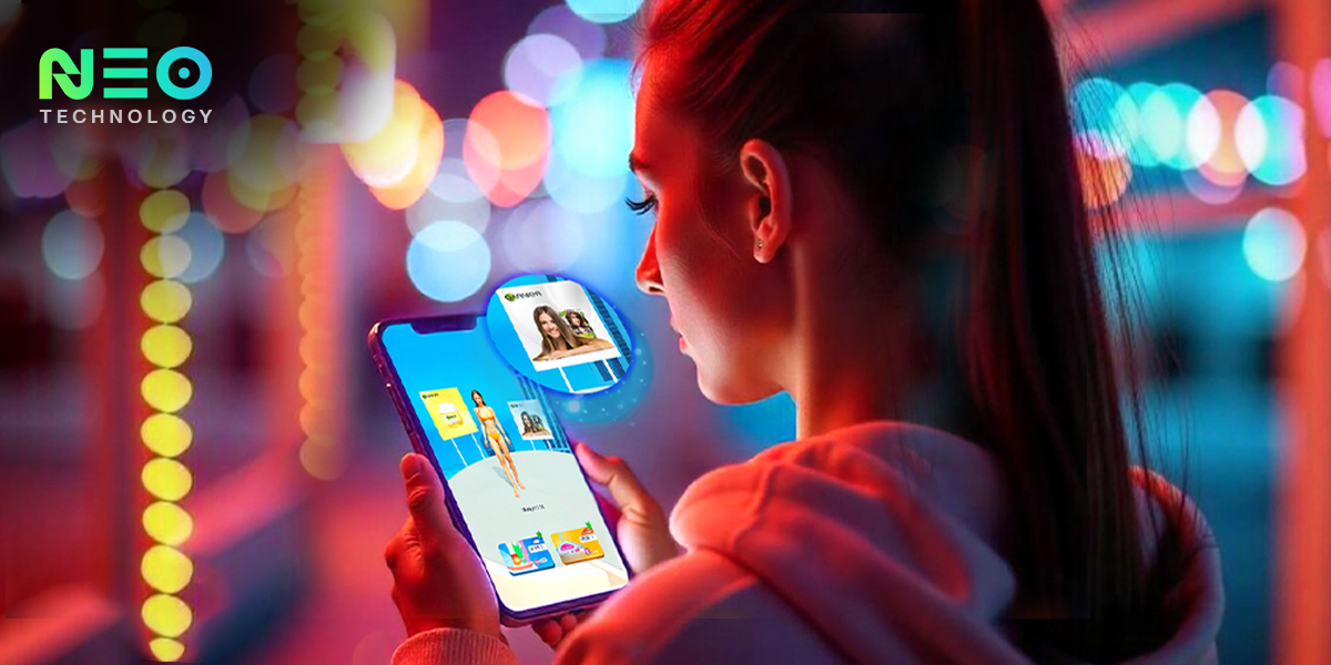 Woman holding a smartphone at night, viewing in game content with branded visuals integrated into the mobile screen.