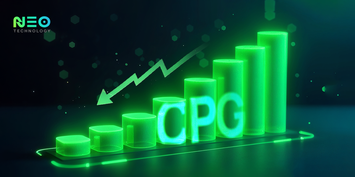 Green 3D bar chart with descending arrow and the letters CPG, representing reduced cost per acquisition in advertising performance.