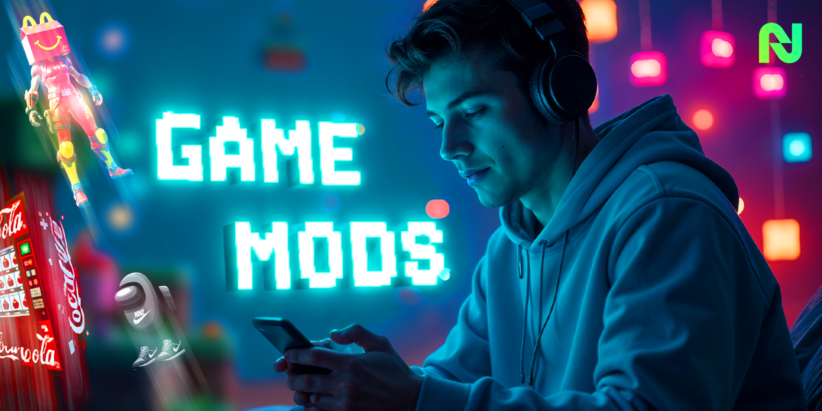 Young person wearing headphones using a smartphone with neon text reading Game Mods and digital gaming visuals in the background.