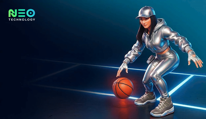 Neo Technology and Fortnite branded immersive scene showing a digital basketball player in a futuristic environment.