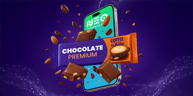 Smartphone displaying Neo Technology branding with premium chocolate bars, coffee beans, and chocolate pieces floating on a purple background.