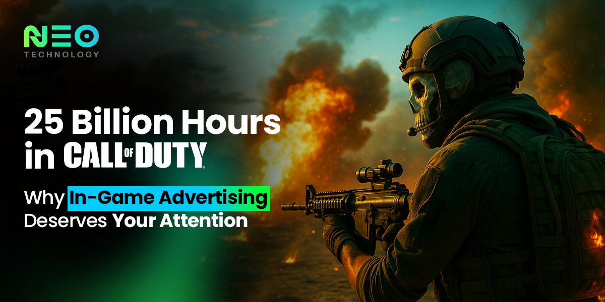 Call of Duty soldier aiming a rifle with explosions in the background next to the headline about in-game advertising.