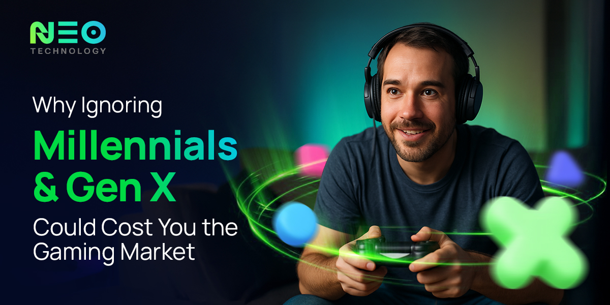 Man wearing headphones holding a game controller, with text highlighting the impact of Millennials and Gen X on the gaming market.