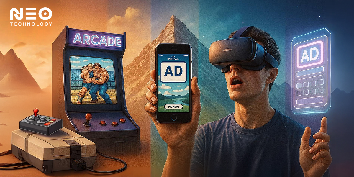 Man using VR headset and holding a mobile phone with an in-app ad while standing between retro arcade machines and neon holograms.