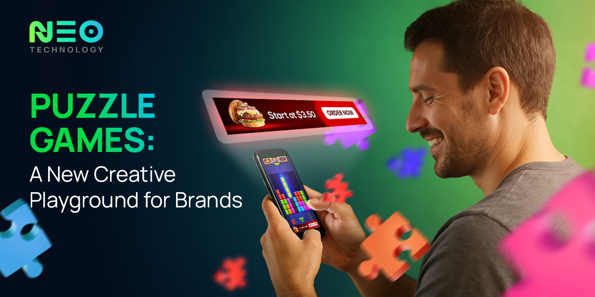 Man smiling while playing a colorful puzzle game on his phone, with floating puzzle pieces and a digital ad banner around him.