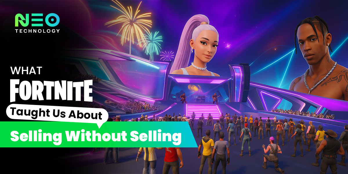Live concert photo of Ariana Grande paired with her Fortnite in-game character on a vibrant neon stage. If you need a caption or description field as well, tell me and I’ll generate them instantly.