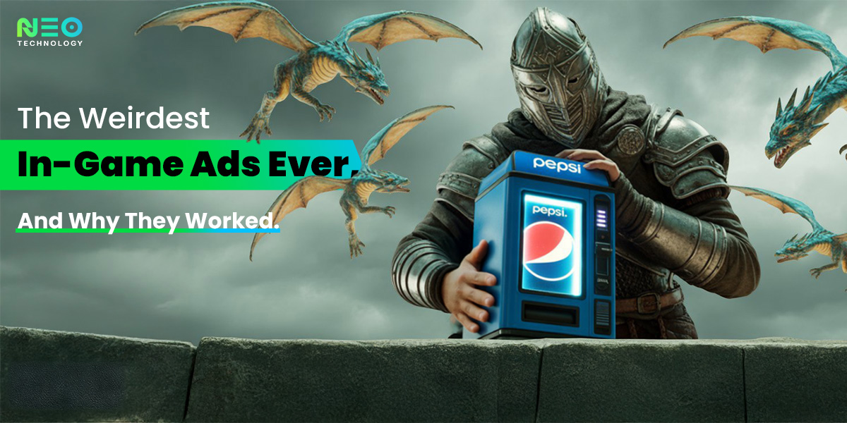 Armored medieval knight holding a glowing Pepsi vending machine while surrounded by flying dragons, featured in a fantasy-themed in-game ad scene.