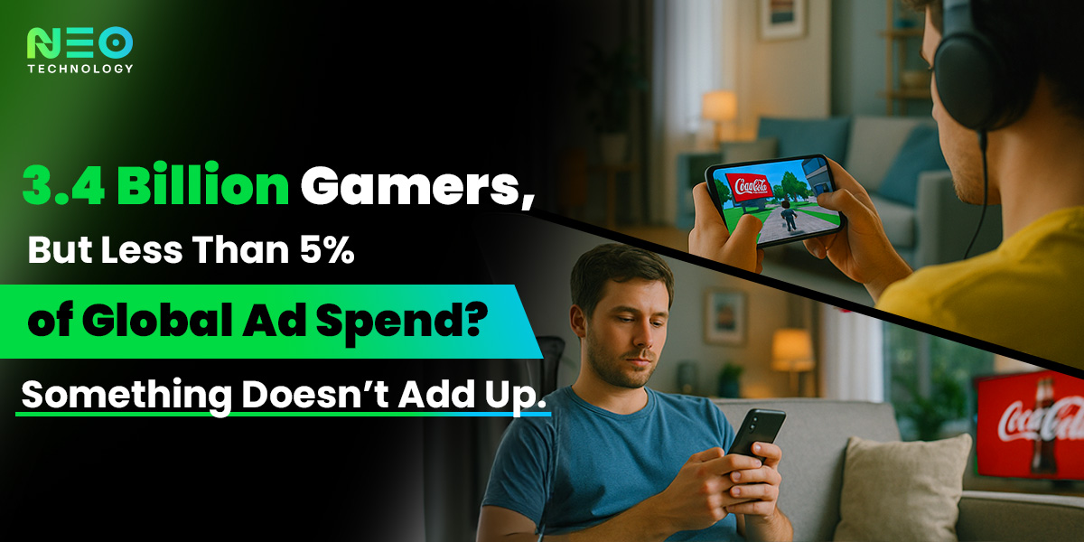 Graphic comparing global gamer audiences to low ad spend, with a man gaming on his phone and another browsing on his device.