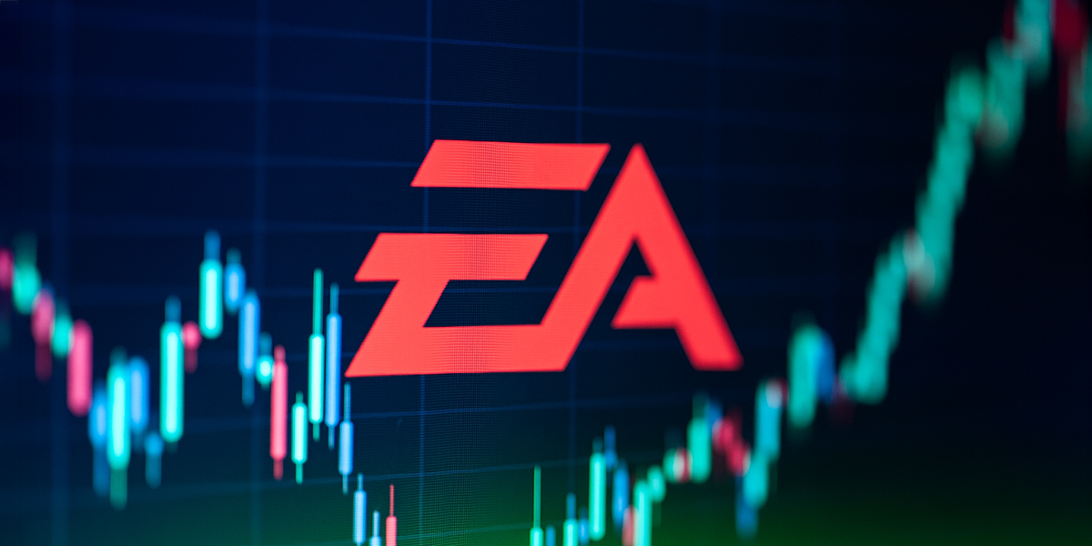 Red EA Games logo displayed on a glowing stock market chart background with rising candlestick patterns.